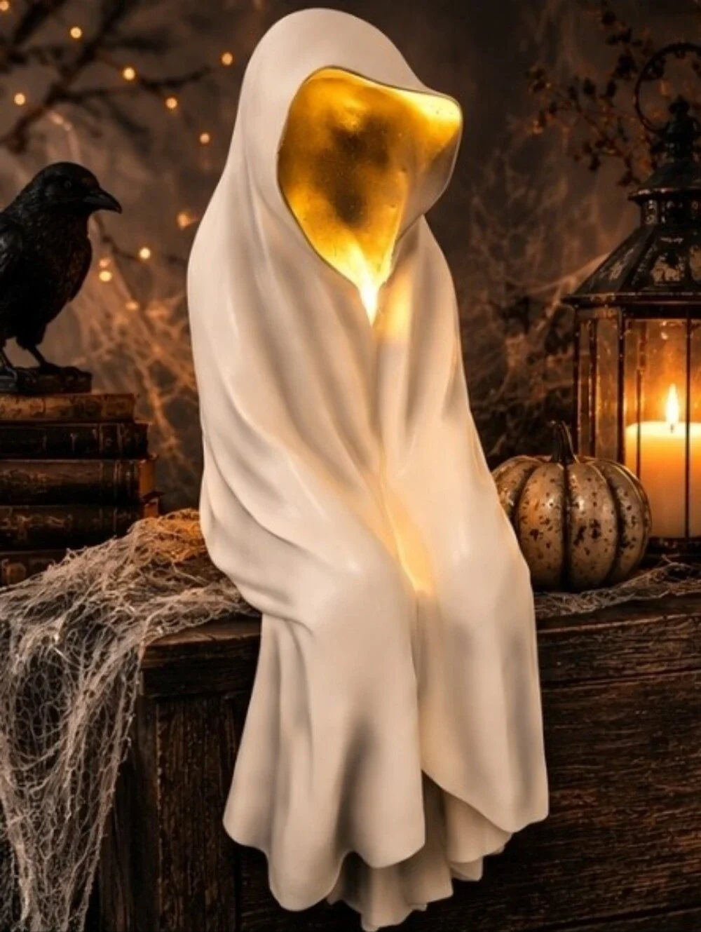 Hallows Eve White Grim Reaper Ghost Sitting Halloween Decor Light Up Viral New